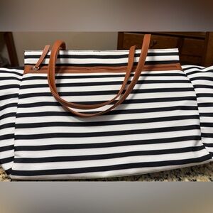 Striped Black and White Tote or Travel Bag with Black Straps -13 x 23 x 6